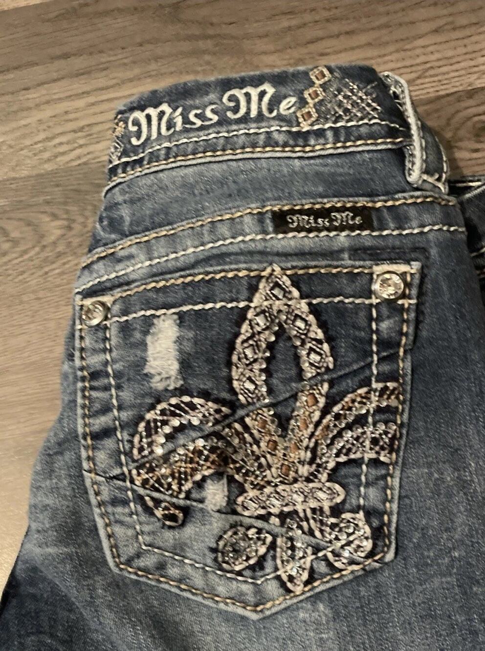 Miss Me Fleur De Lis Straight Jeans Women 26x32 Medium Wash Bling Pocket Y2K